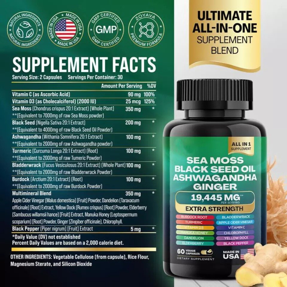 Sea Moss 7000Mg Black Seed Oil 4000Mg Ashwagandha 2000Mg Turmeric 2000Mg~